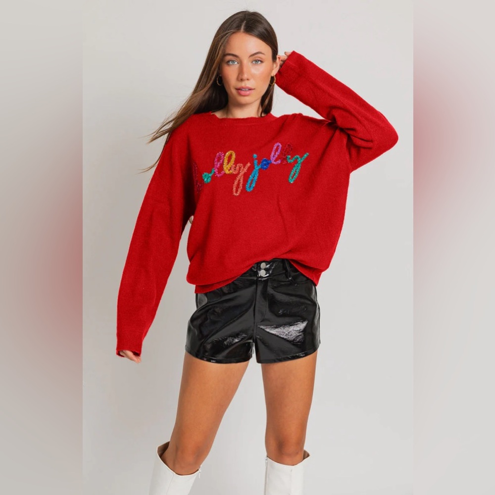 Le Lis Holly Jolly Fuzzy Chenille Holiday Sweater
Red - Size S